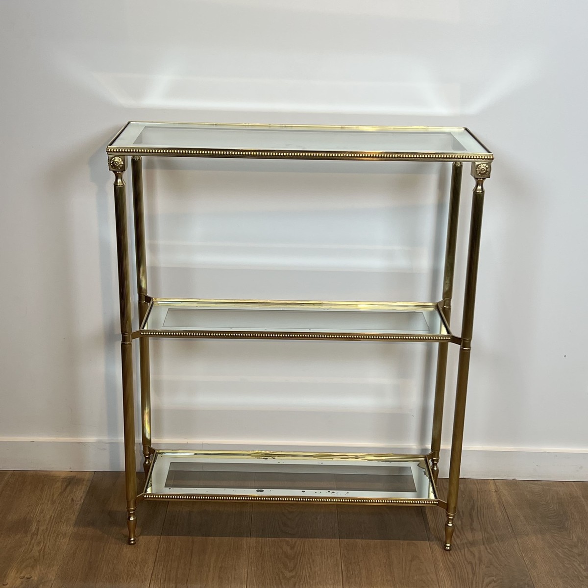 Three-tier Brass Console With Beaded Frieze. Mirror-bordered Glass. French Work In The Style Of-photo-2