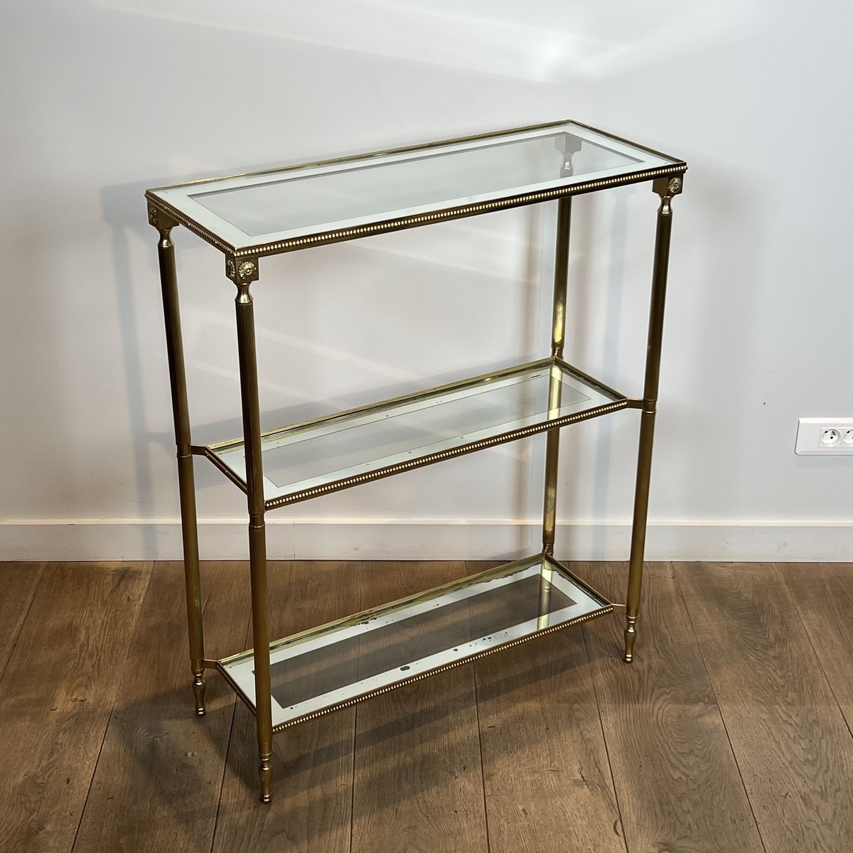 Three-tier Brass Console With Beaded Frieze. Mirror-bordered Glass. French Work In The Style Of-photo-3