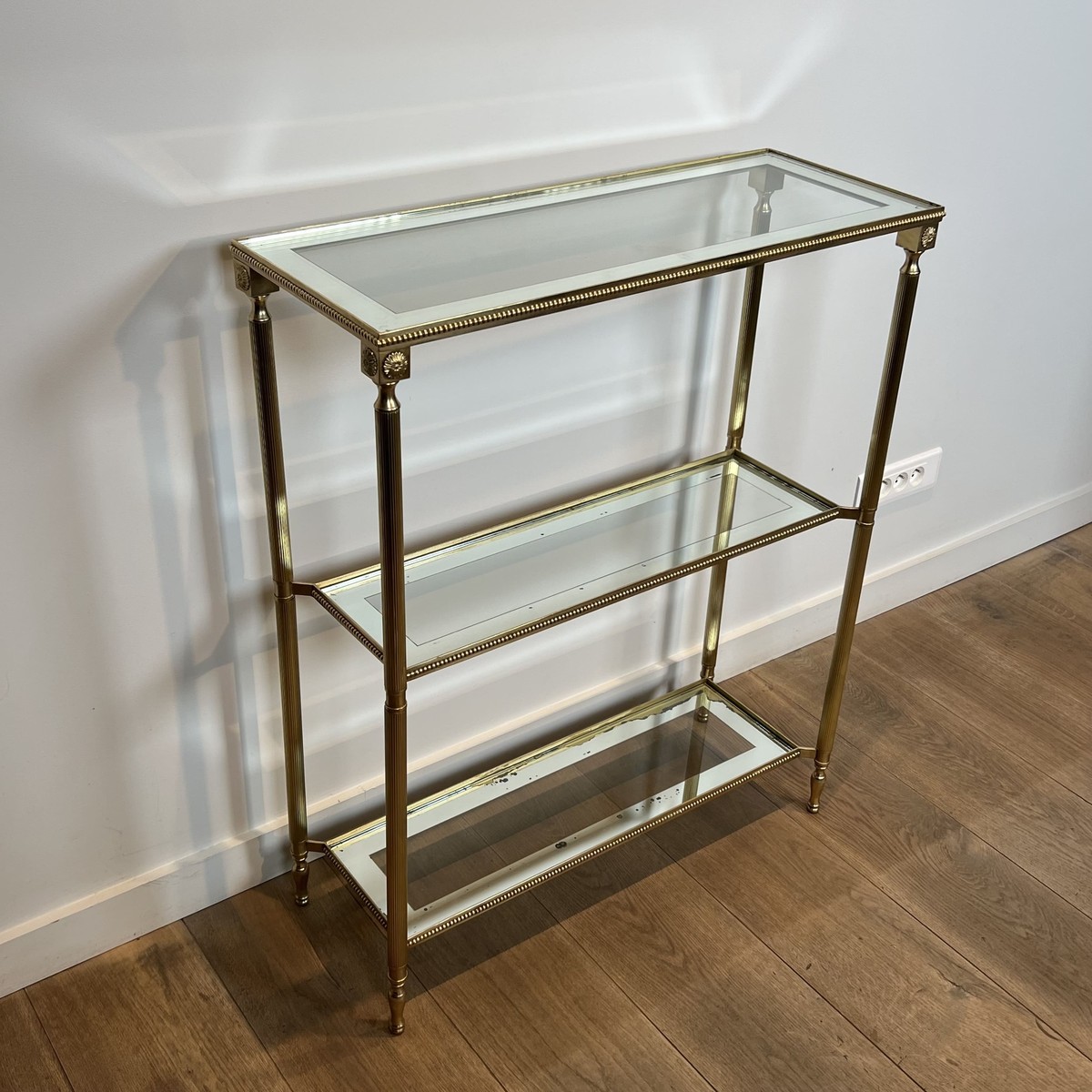 Three-tier Brass Console With Beaded Frieze. Mirror-bordered Glass. French Work In The Style Of-photo-4