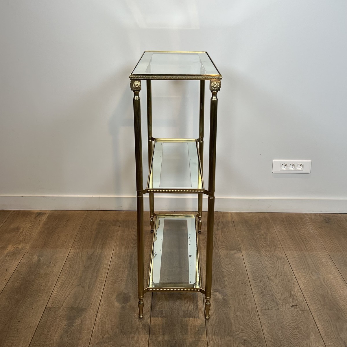 Three-tier Brass Console With Beaded Frieze. Mirror-bordered Glass. French Work In The Style Of-photo-1