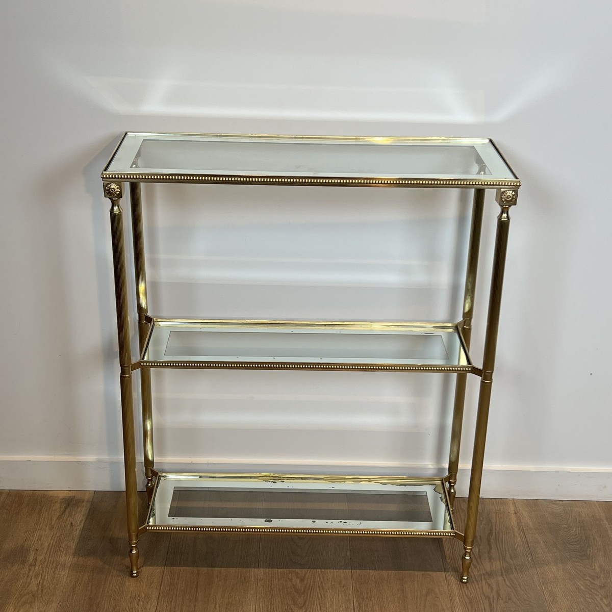 Three-tier Brass Console With Beaded Frieze. Mirror-bordered Glass. French Work In The Style Of-photo-2