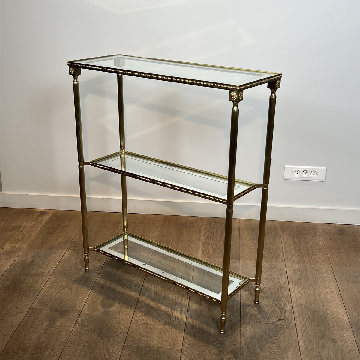 Three-tier Brass Console With Beaded Frieze. Mirror-bordered Glass. French Work In The Style Of-photo-8