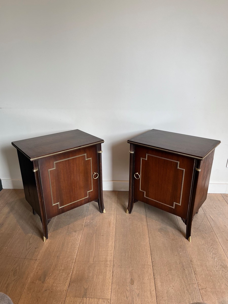 Paire de Meubles d'Appoint à Porte en Acajou et Filets de Laiton. Travail Français dans le Goût-photo-3