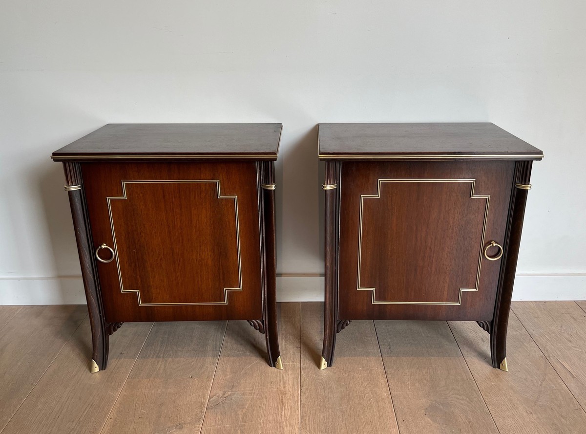 Paire de Meubles d'Appoint à Porte en Acajou et Filets de Laiton. Travail Français dans le Goût-photo-7