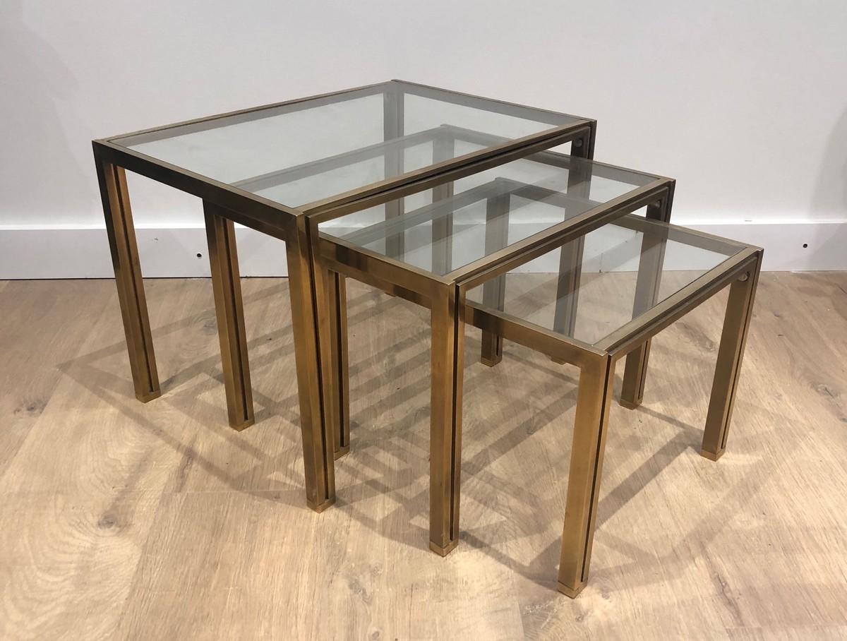 Set Of 3 Nesting Tables In Brass And Glass. French Work By Guy Lefèvre For Maison Jansen. Circa-photo-2
