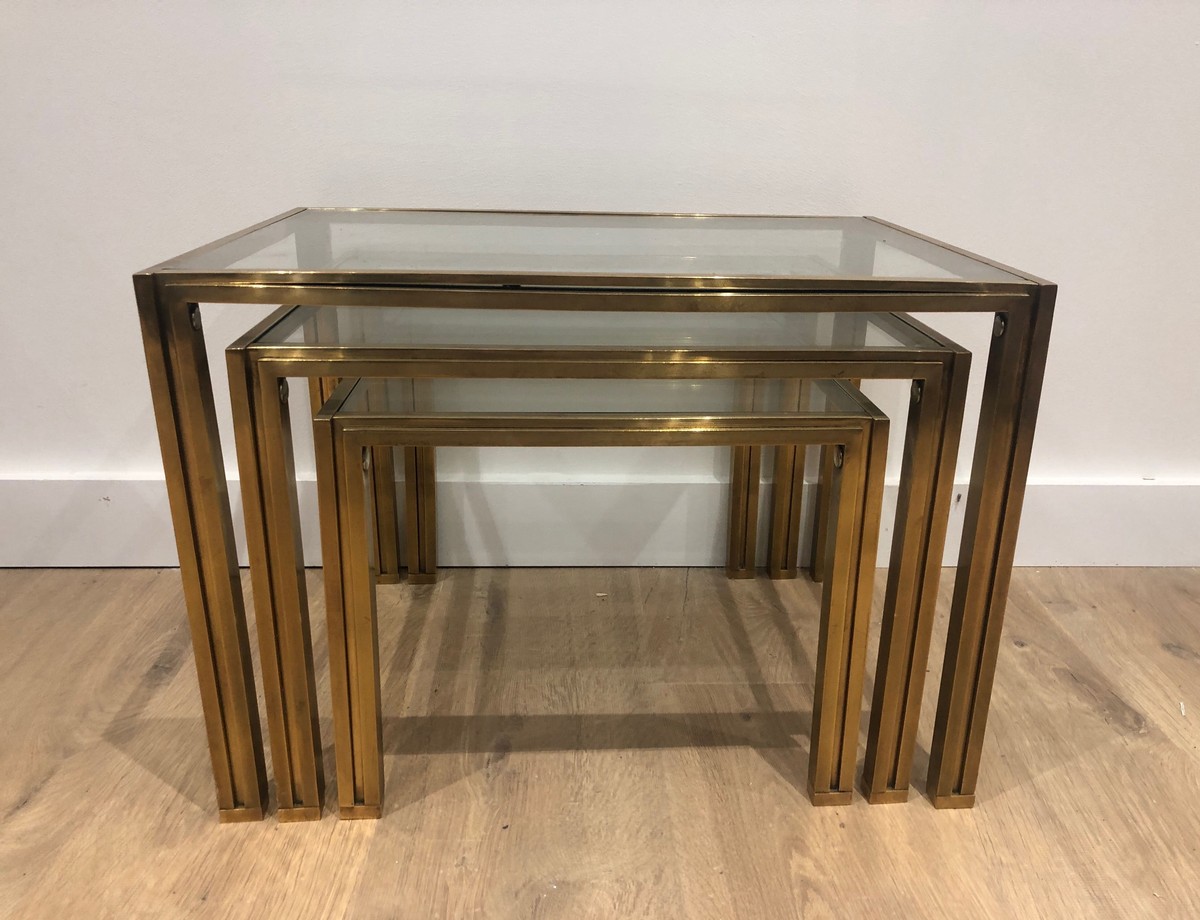 Set Of 3 Nesting Tables In Brass And Glass. French Work By Guy Lefèvre For Maison Jansen. Circa-photo-4