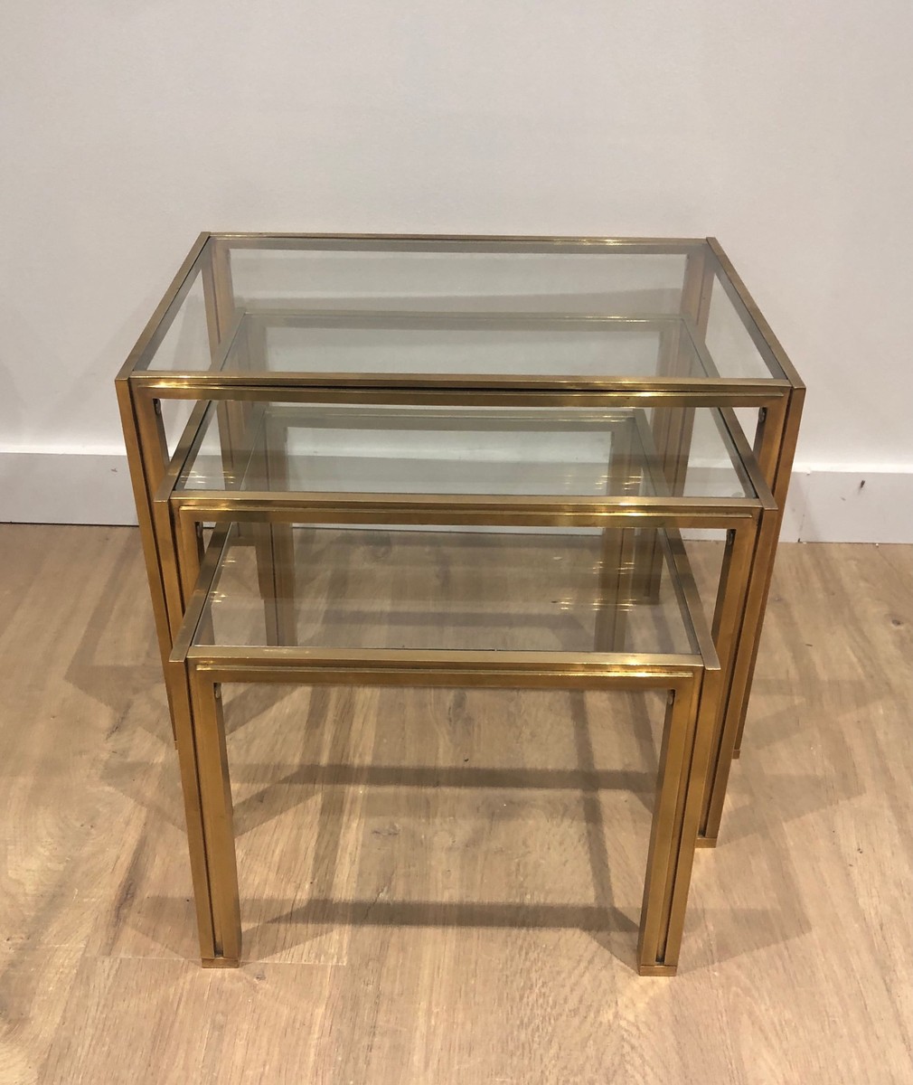Set Of 3 Nesting Tables In Brass And Glass. French Work By Guy Lefèvre For Maison Jansen. Circa-photo-1