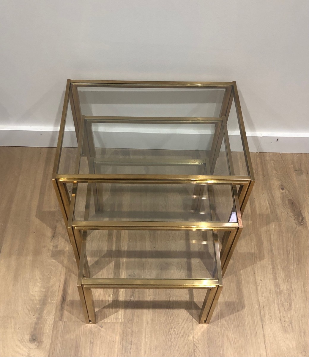 Set Of 3 Nesting Tables In Brass And Glass. French Work By Guy Lefèvre For Maison Jansen. Circa-photo-3
