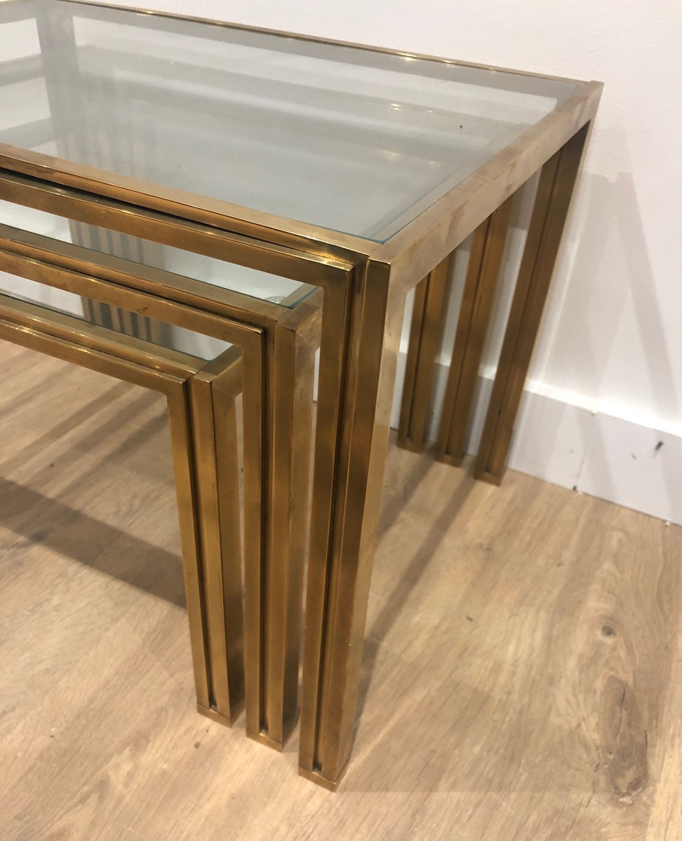 Set Of 3 Nesting Tables In Brass And Glass. French Work By Guy Lefèvre For Maison Jansen. Circa-photo-4