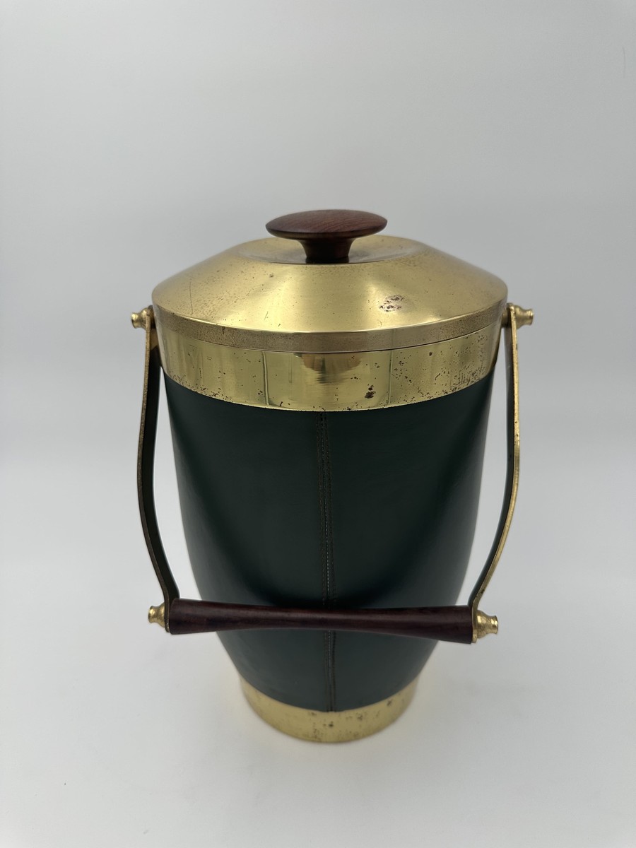 Ice Bucket Sheathed In Green Leather And Brass With An Arched Handle. Italian Work. Circa 1960-photo-2