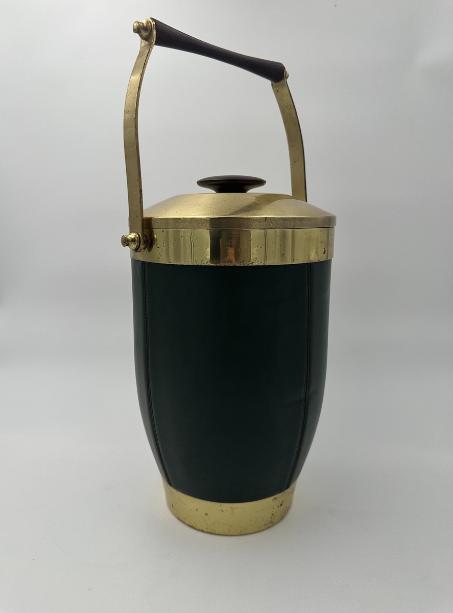 Ice Bucket Sheathed In Green Leather And Brass With An Arched Handle. Italian Work. Circa 1960-photo-3