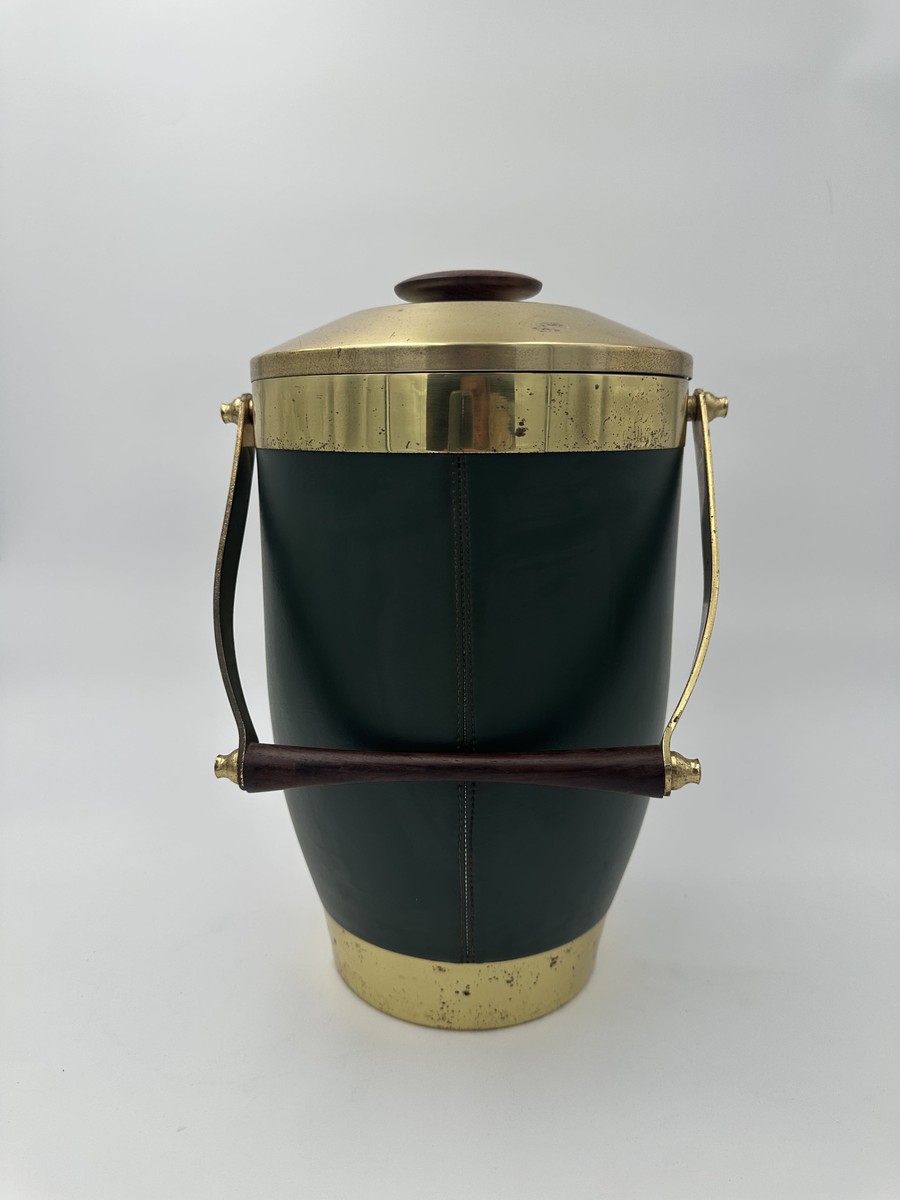 Ice Bucket Sheathed In Green Leather And Brass With An Arched Handle. Italian Work. Circa 1960-photo-4