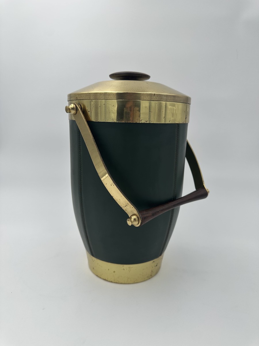 Ice Bucket Sheathed In Green Leather And Brass With An Arched Handle. Italian Work. Circa 1960-photo-1