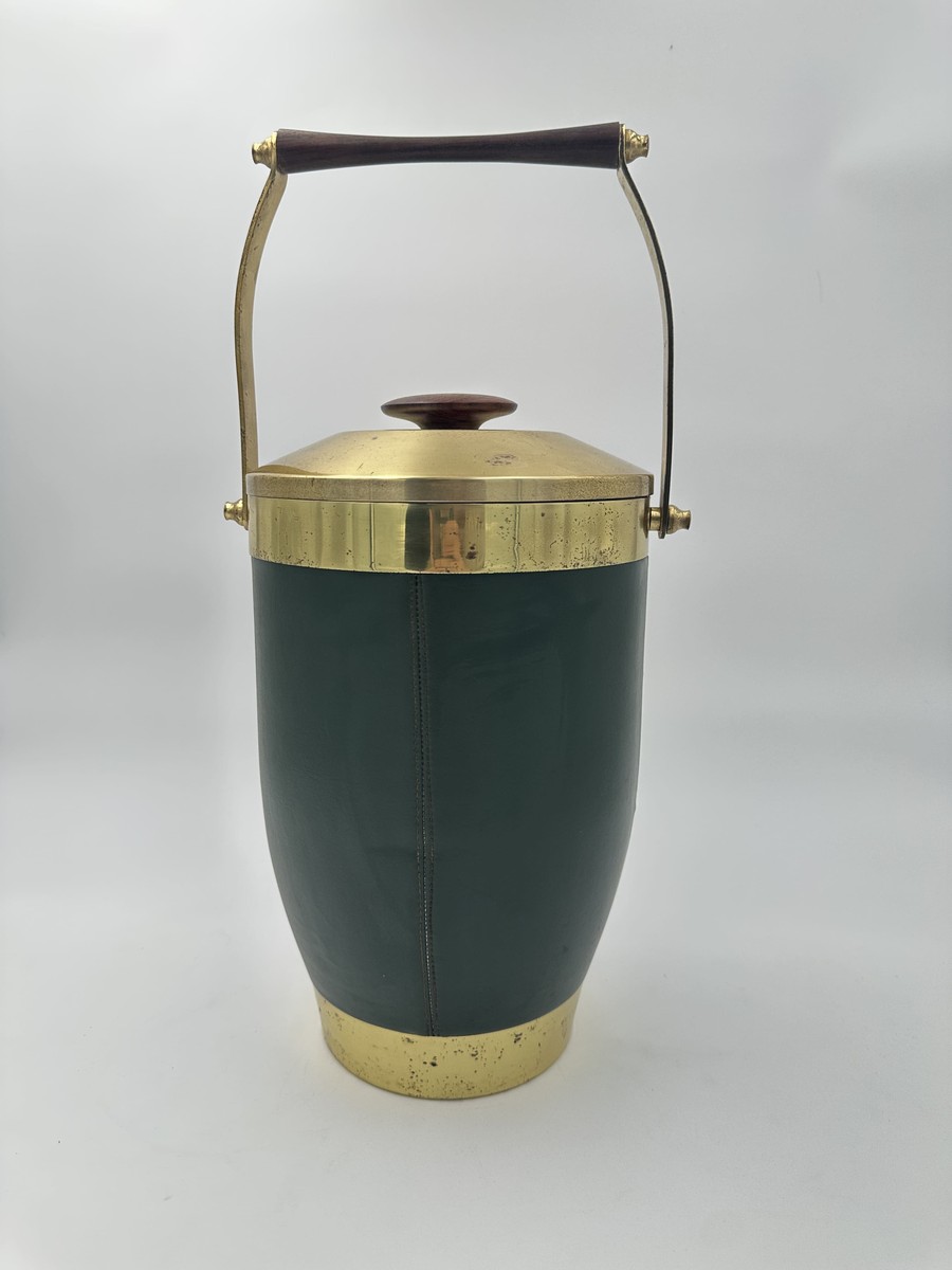 Ice Bucket Sheathed In Green Leather And Brass With An Arched Handle. Italian Work. Circa 1960-photo-2