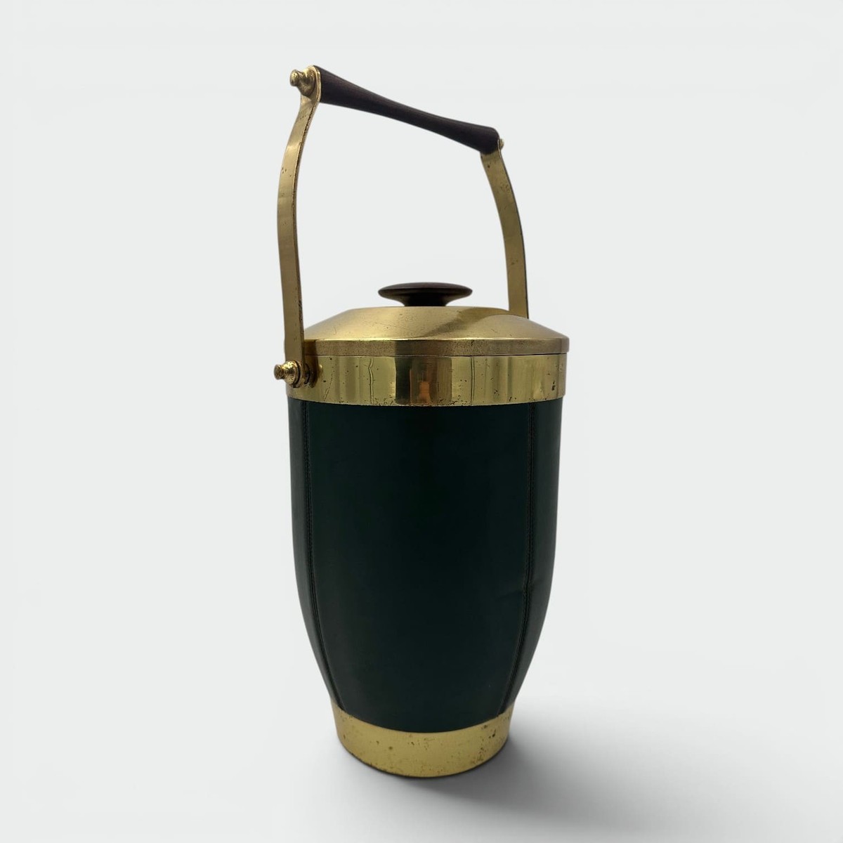 Ice Bucket Sheathed In Green Leather And Brass With An Arched Handle. Italian Work. Circa 1960