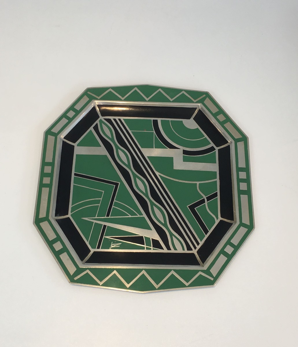 Octagonal Dinanderie Dish With Cubist Geometric Decoration In Green. Blac. French Work In The M-photo-2