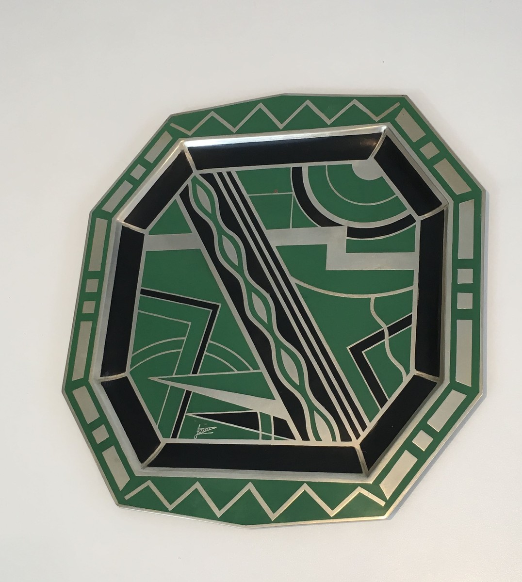 Octagonal Dinanderie Dish With Cubist Geometric Decoration In Green. Blac. French Work In The M-photo-3