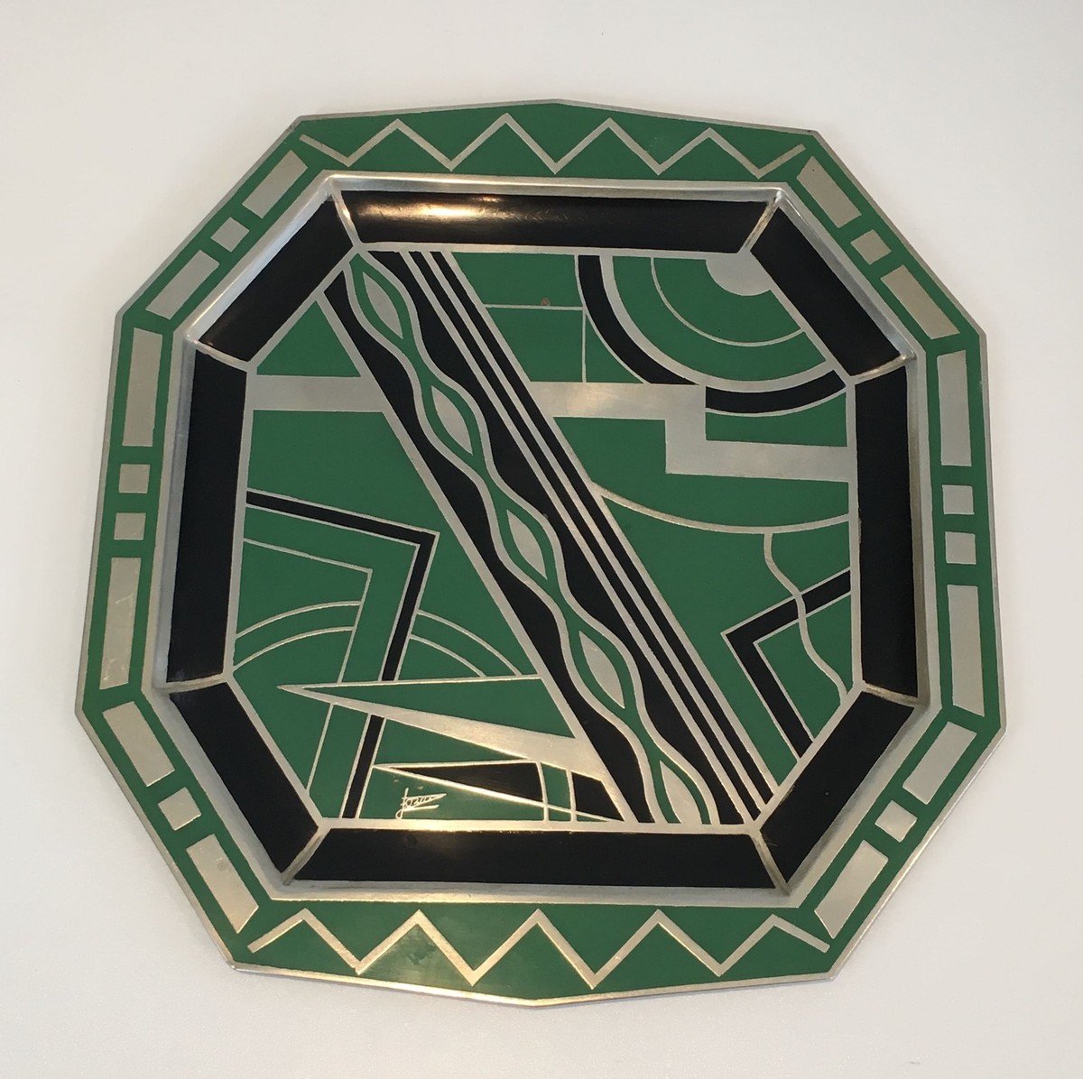 Octagonal Dinanderie Dish With Cubist Geometric Decoration In Green. Blac. French Work In The M-photo-4