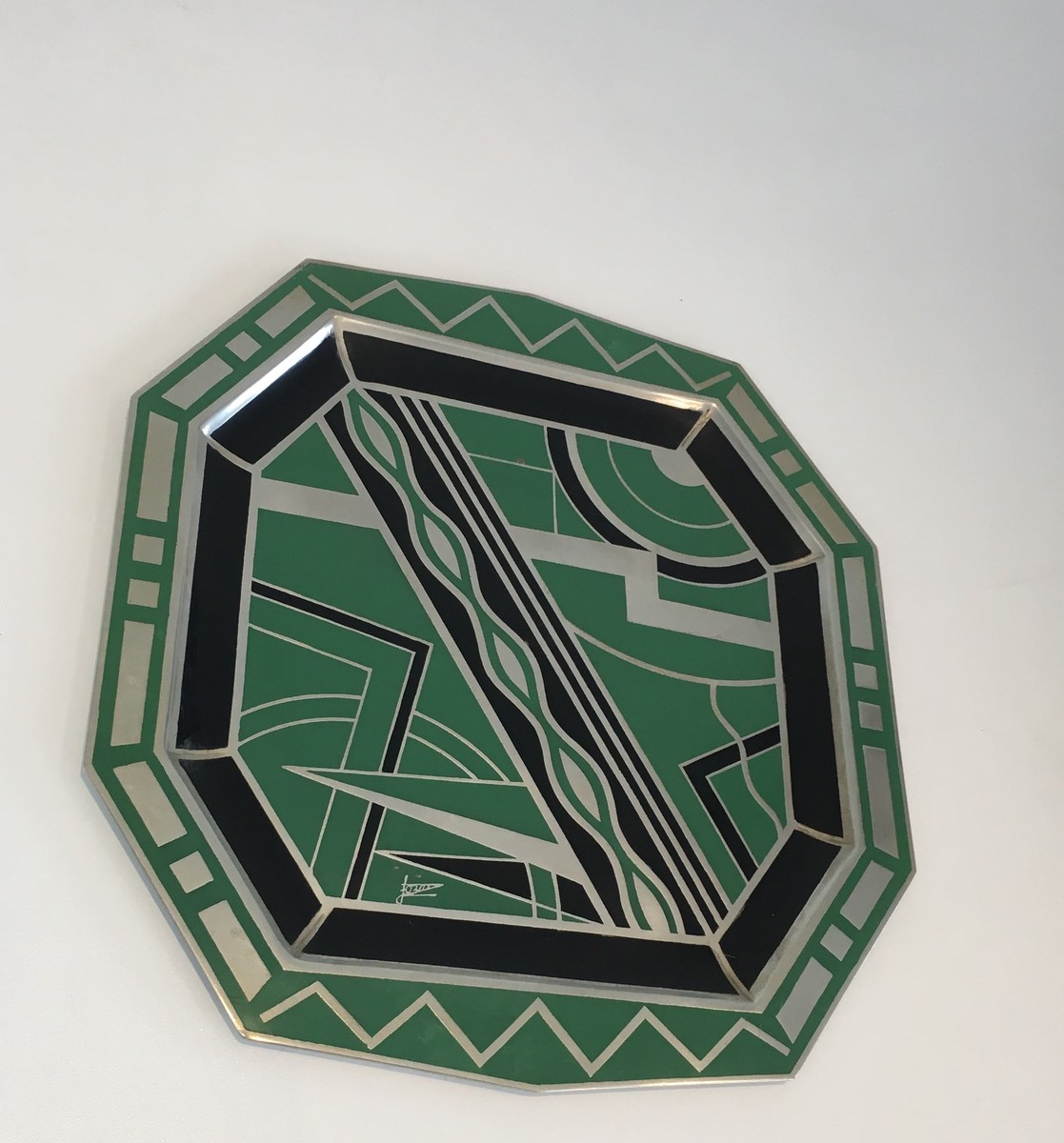 Octagonal Dinanderie Dish With Cubist Geometric Decoration In Green. Blac. French Work In The M-photo-1