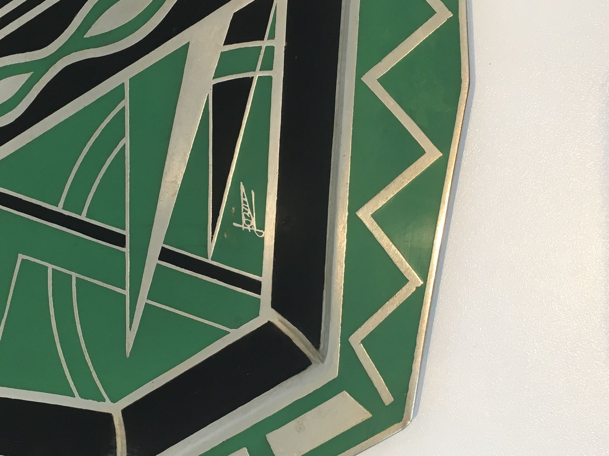 Octagonal Dinanderie Dish With Cubist Geometric Decoration In Green. Blac. French Work In The M-photo-2