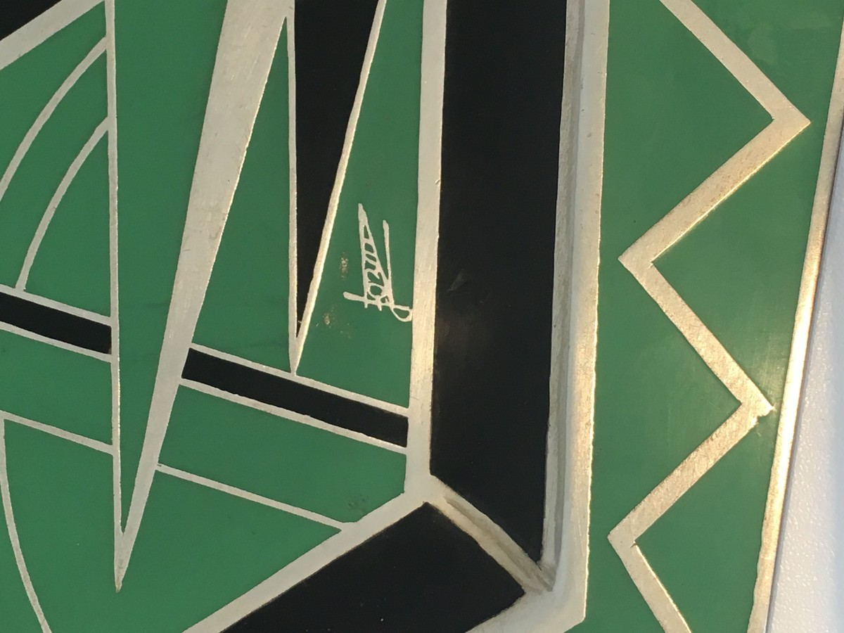 Octagonal Dinanderie Dish With Cubist Geometric Decoration In Green. Blac. French Work In The M-photo-3