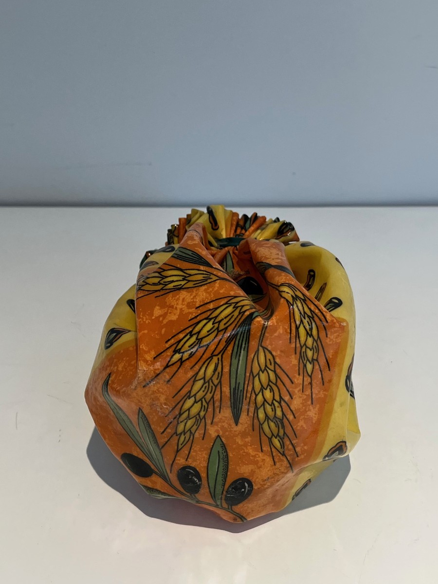 Trompe-l'œil Ceramic Vase In The Form Of A Knotted Sack With Floral Decoration. French Work. Ci-photo-8