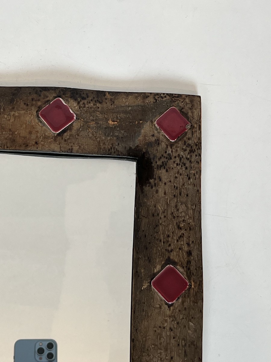 Miroir à Cadre en Céramique Émaillée Bronze à Cabochons Rouges. Travail Français dans le Goût d-photo-1