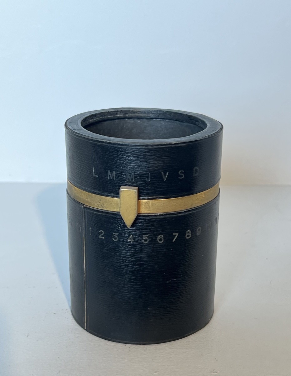 Cylindrical Pencil Holder In Black Leather With Rotating Perpetual Calendar And Brass. In The S-photo-2