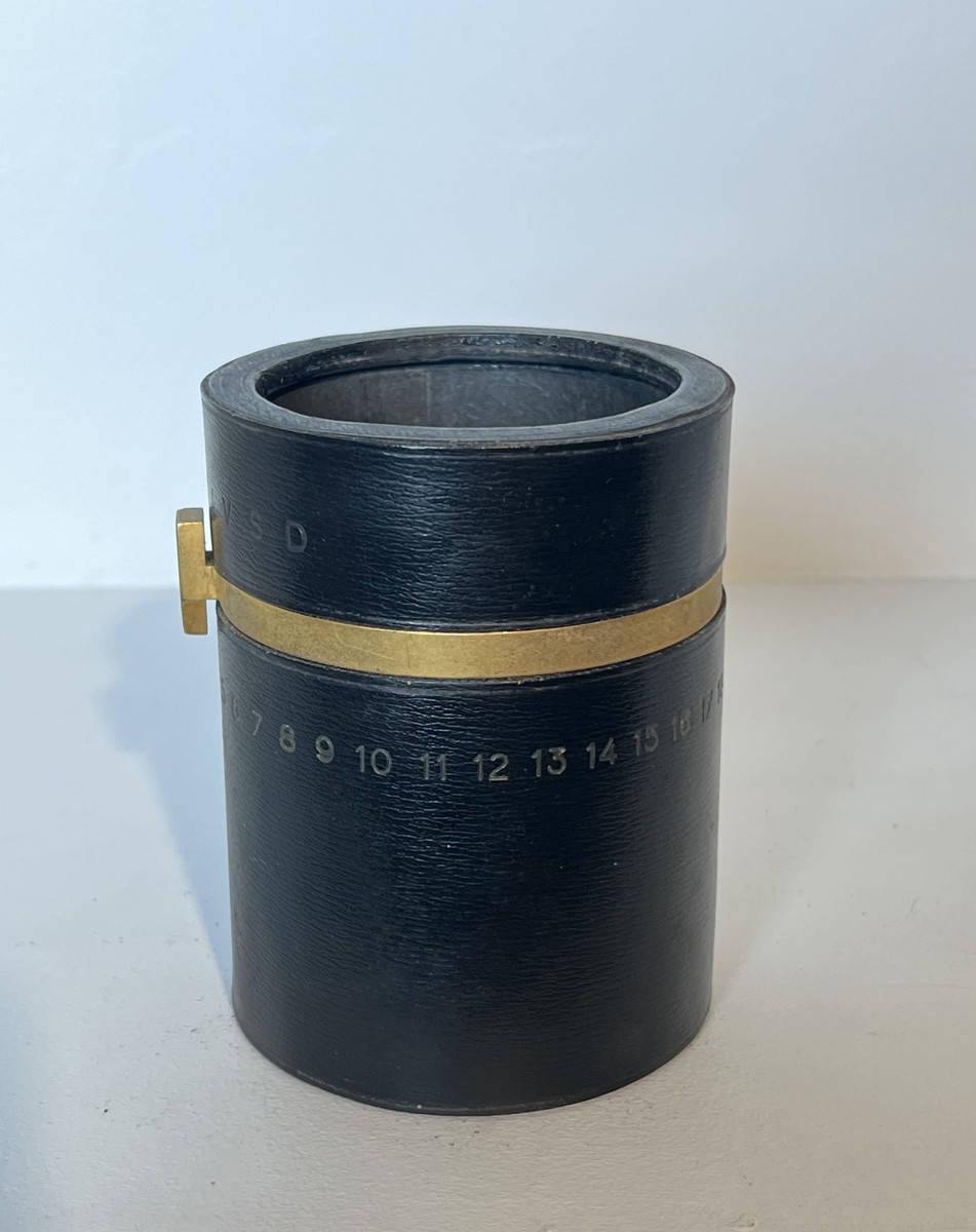 Cylindrical Pencil Holder In Black Leather With Rotating Perpetual Calendar And Brass. In The S-photo-3