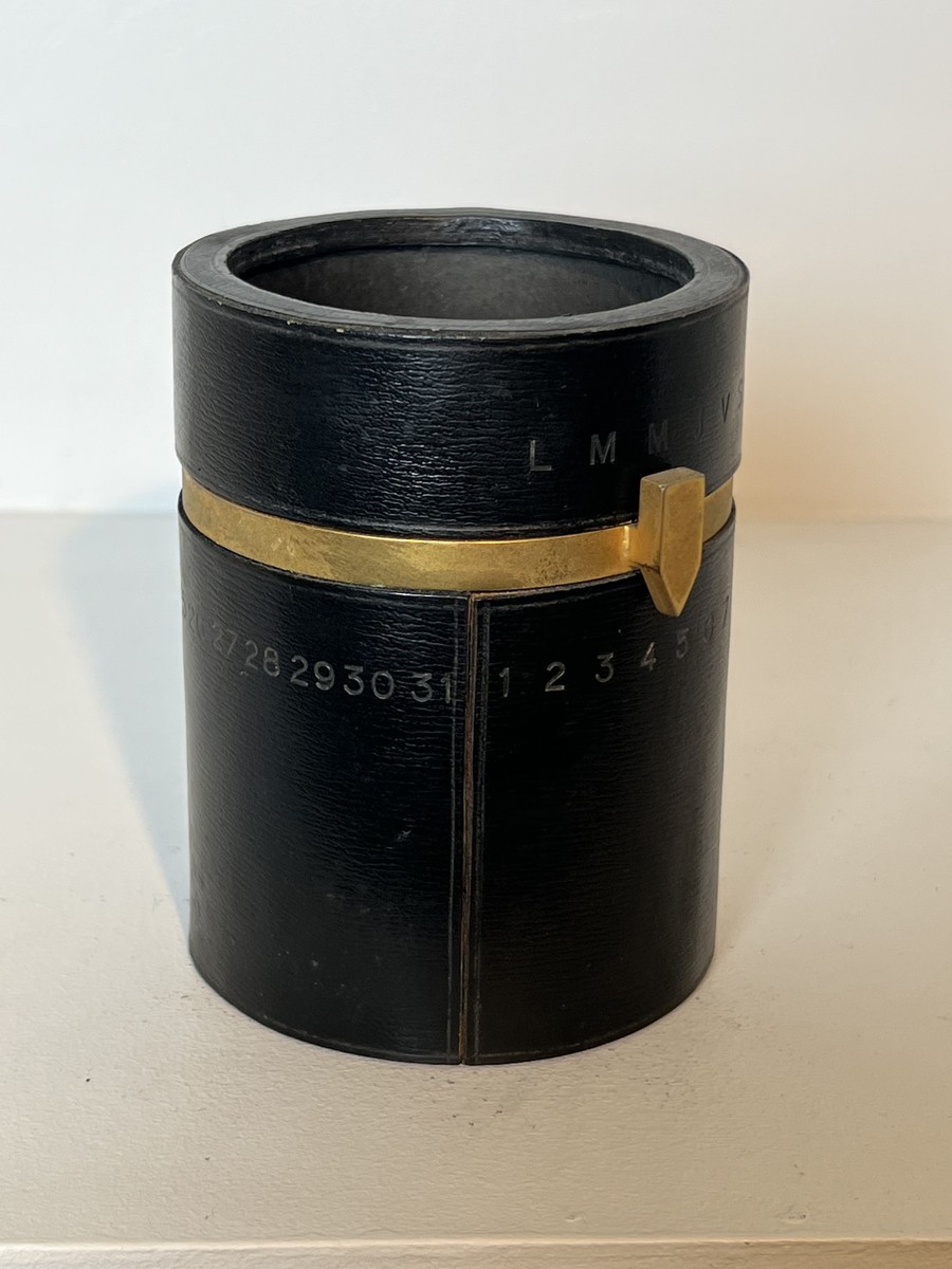 Cylindrical Pencil Holder In Black Leather With Rotating Perpetual Calendar And Brass. In The S-photo-1