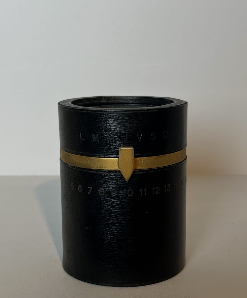 Cylindrical Pencil Holder In Black Leather With Rotating Perpetual Calendar And Brass. In The S-photo-4
