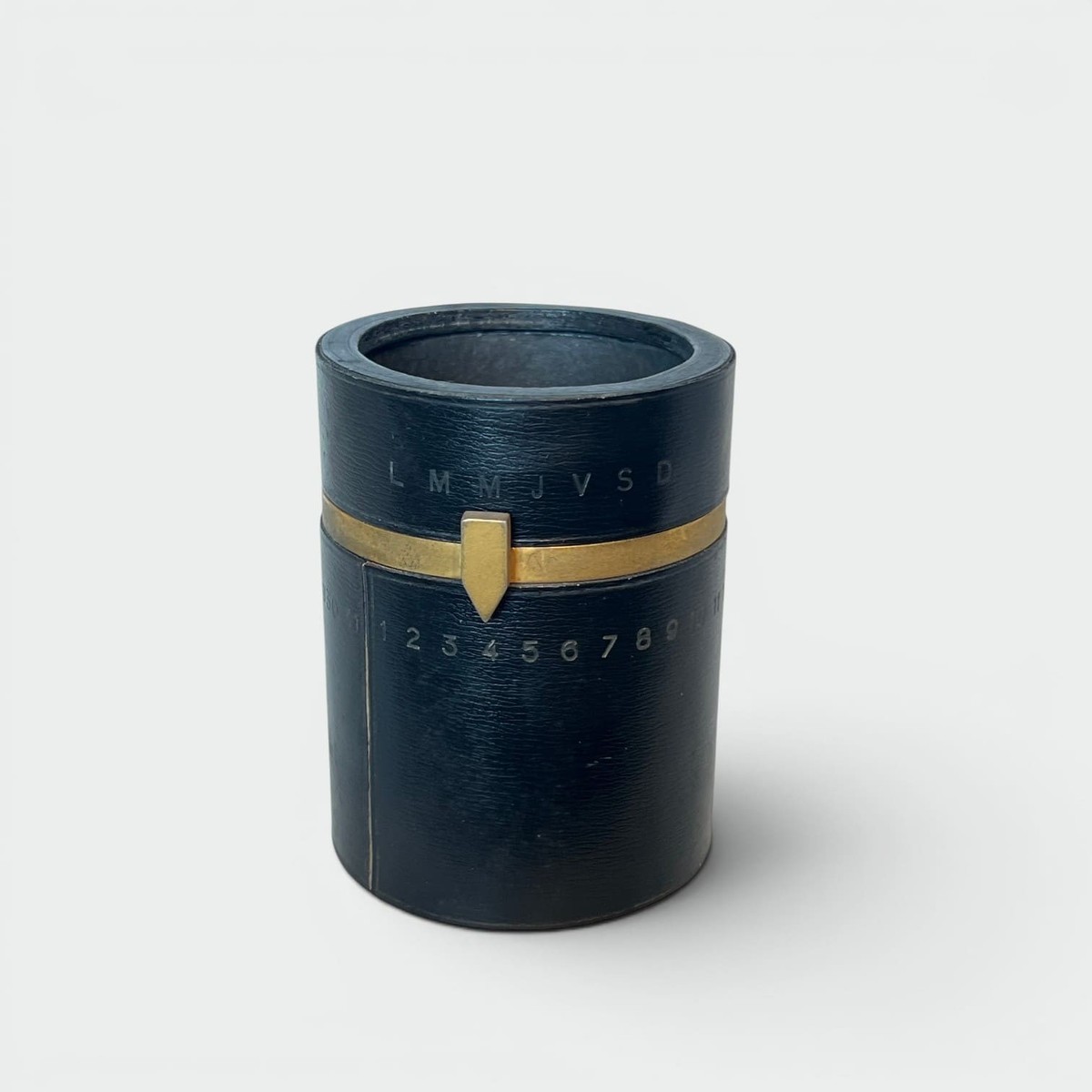 Cylindrical Pencil Holder In Black Leather With Rotating Perpetual Calendar And Brass. In The S