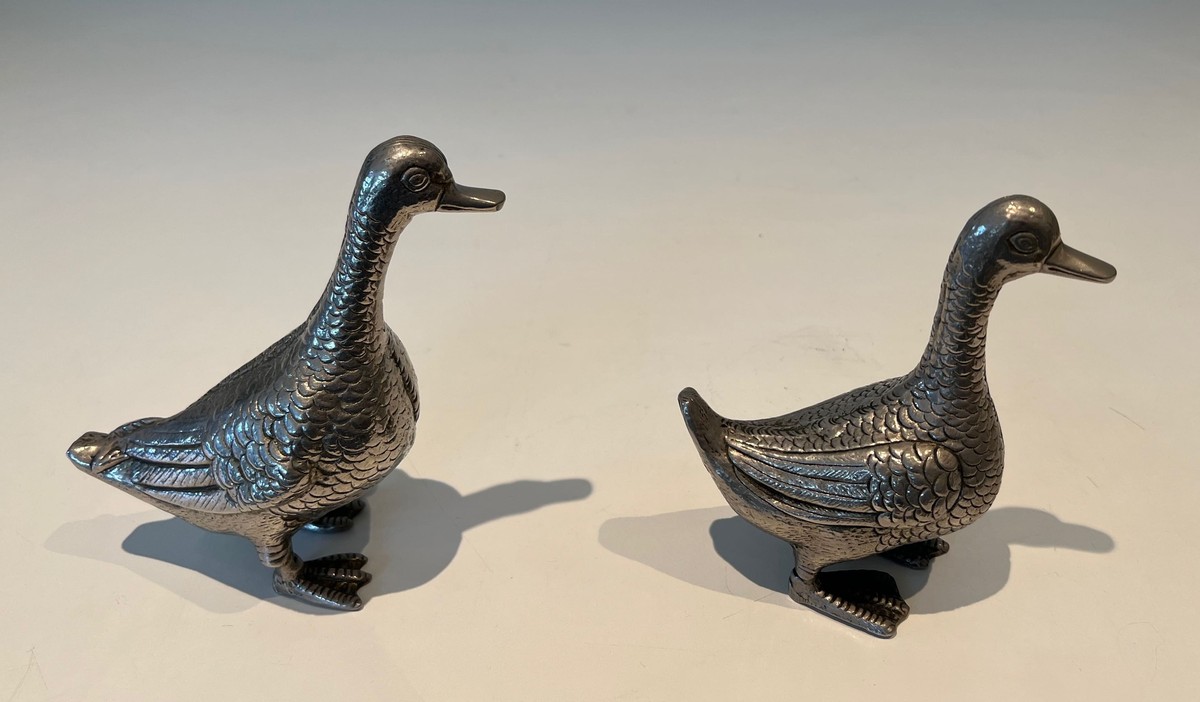 Pair Of Decorative Ducks In Silvered Metal. 1970s Work-photo-2