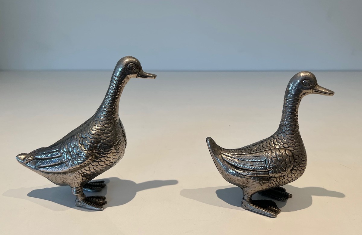 Pair Of Decorative Ducks In Silvered Metal. 1970s Work-photo-3