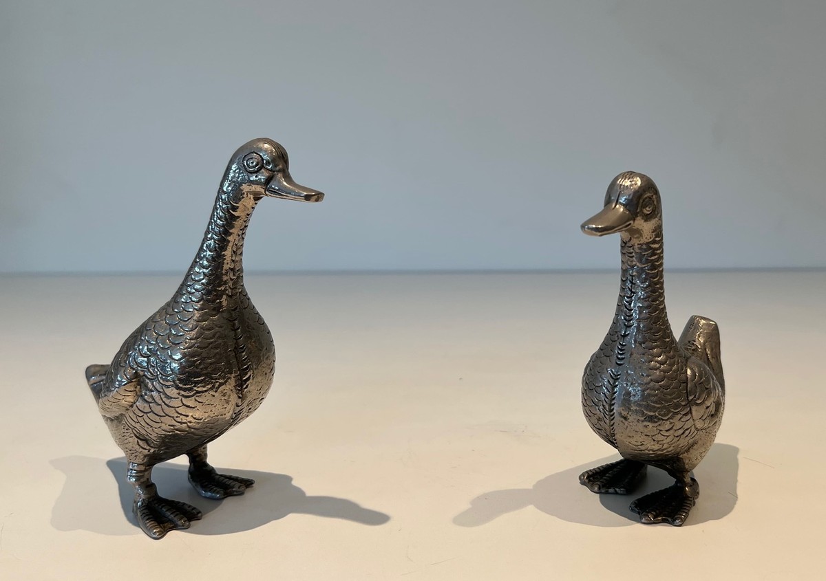 Pair Of Decorative Ducks In Silvered Metal. 1970s Work-photo-4