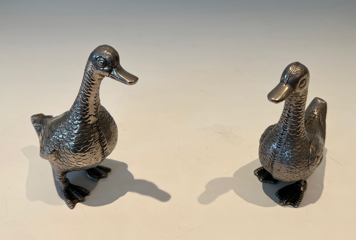 Pair Of Decorative Ducks In Silvered Metal. 1970s Work-photo-1