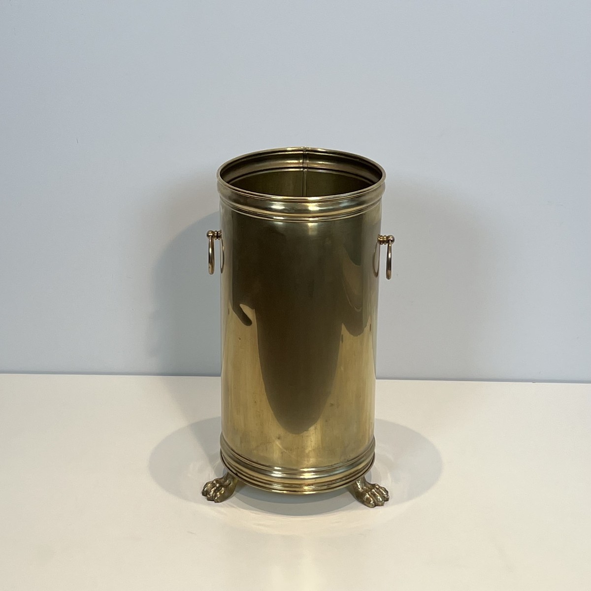 Cylindrical Brass Umbrella Stand With Ring Handles And Claw Feet. Neoclassical Style. Circa 190-photo-2