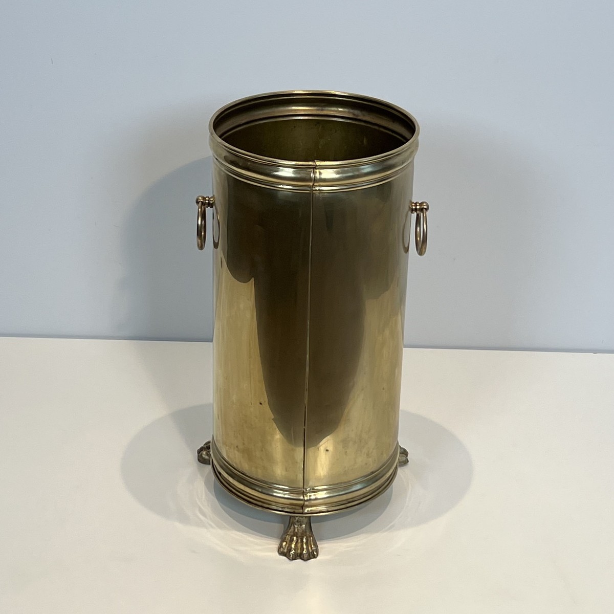 Cylindrical Brass Umbrella Stand With Ring Handles And Claw Feet. Neoclassical Style. Circa 190-photo-3