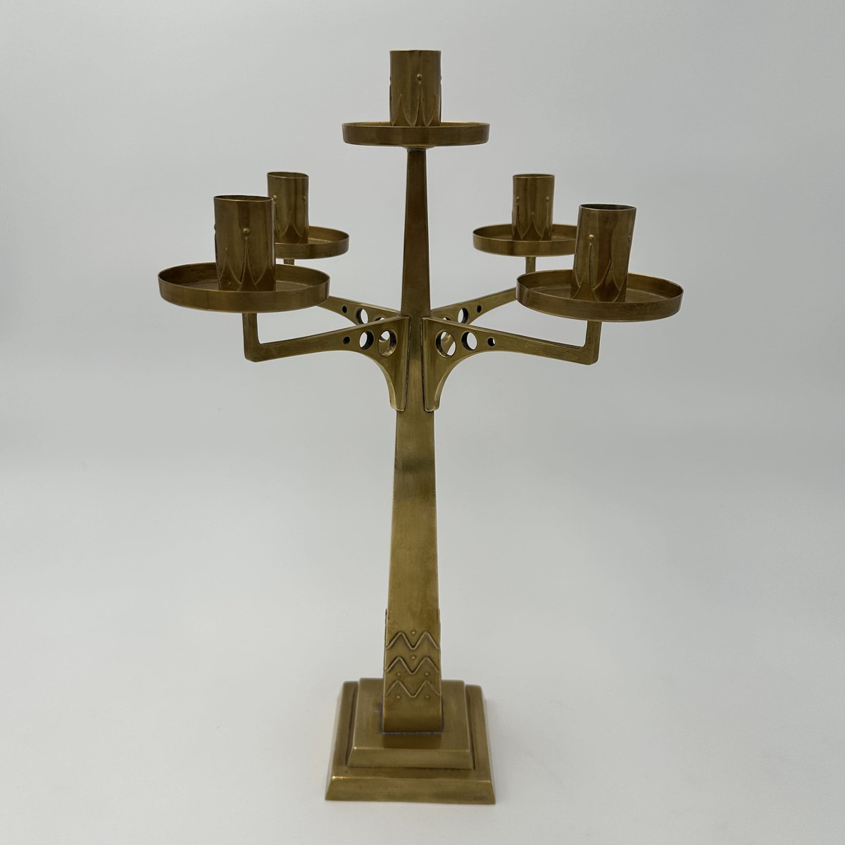 Five-light Brass Candelabrum. Jugendstil Style. With Openwork Geometric Decoration. In The Styl-photo-2