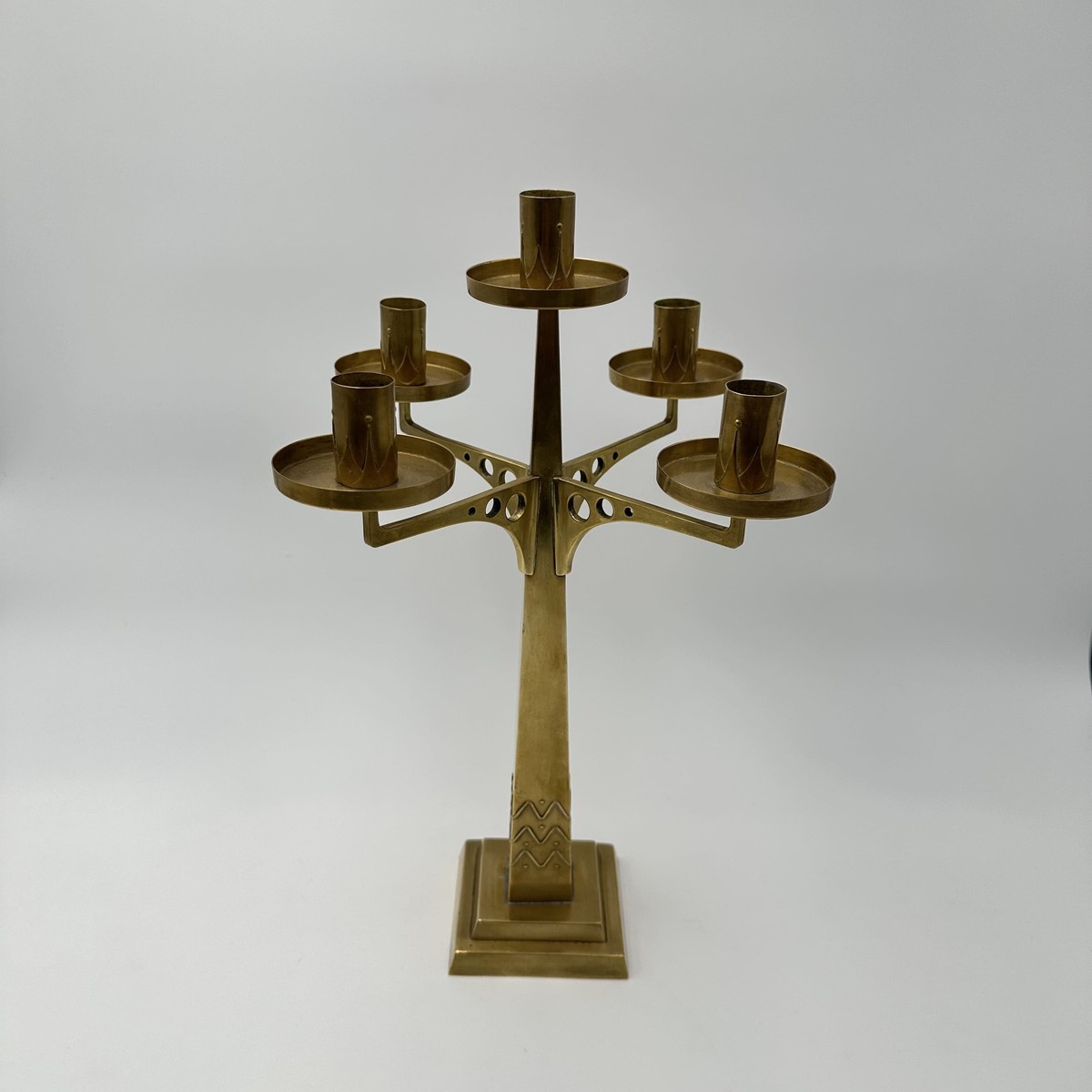 Five-light Brass Candelabrum. Jugendstil Style. With Openwork Geometric Decoration. In The Styl-photo-3