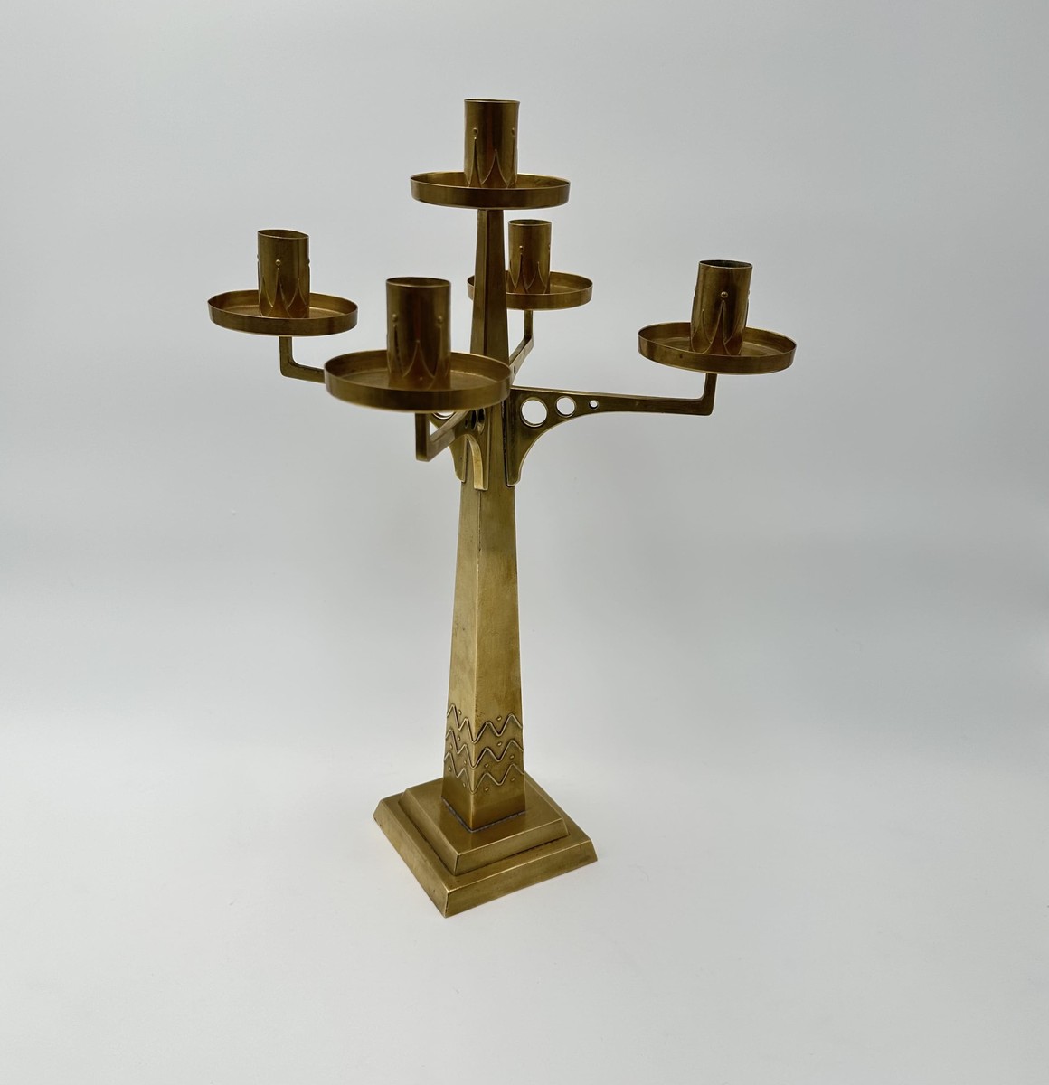 Five-light Brass Candelabrum. Jugendstil Style. With Openwork Geometric Decoration. In The Styl-photo-4