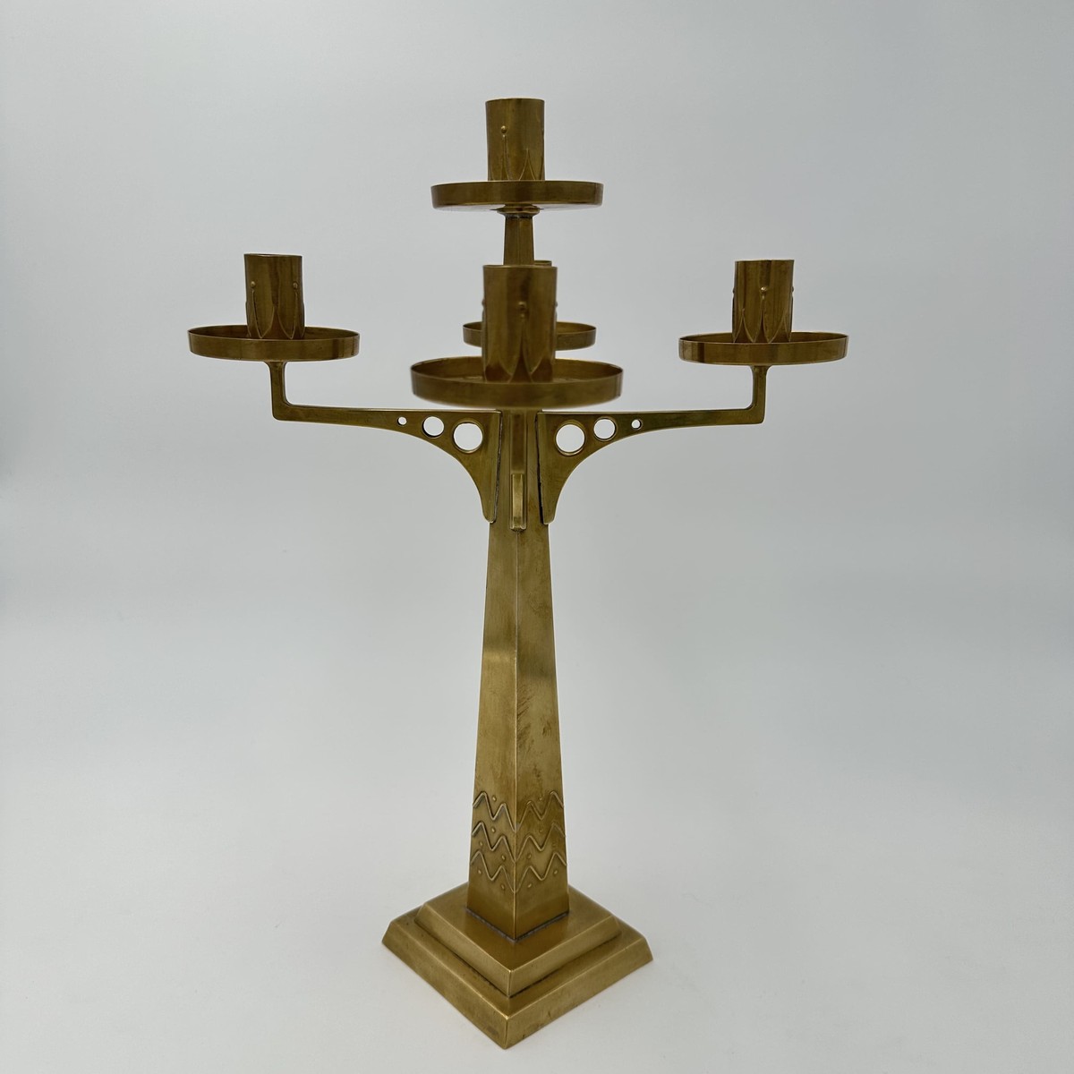 Five-light Brass Candelabrum. Jugendstil Style. With Openwork Geometric Decoration. In The Styl-photo-1