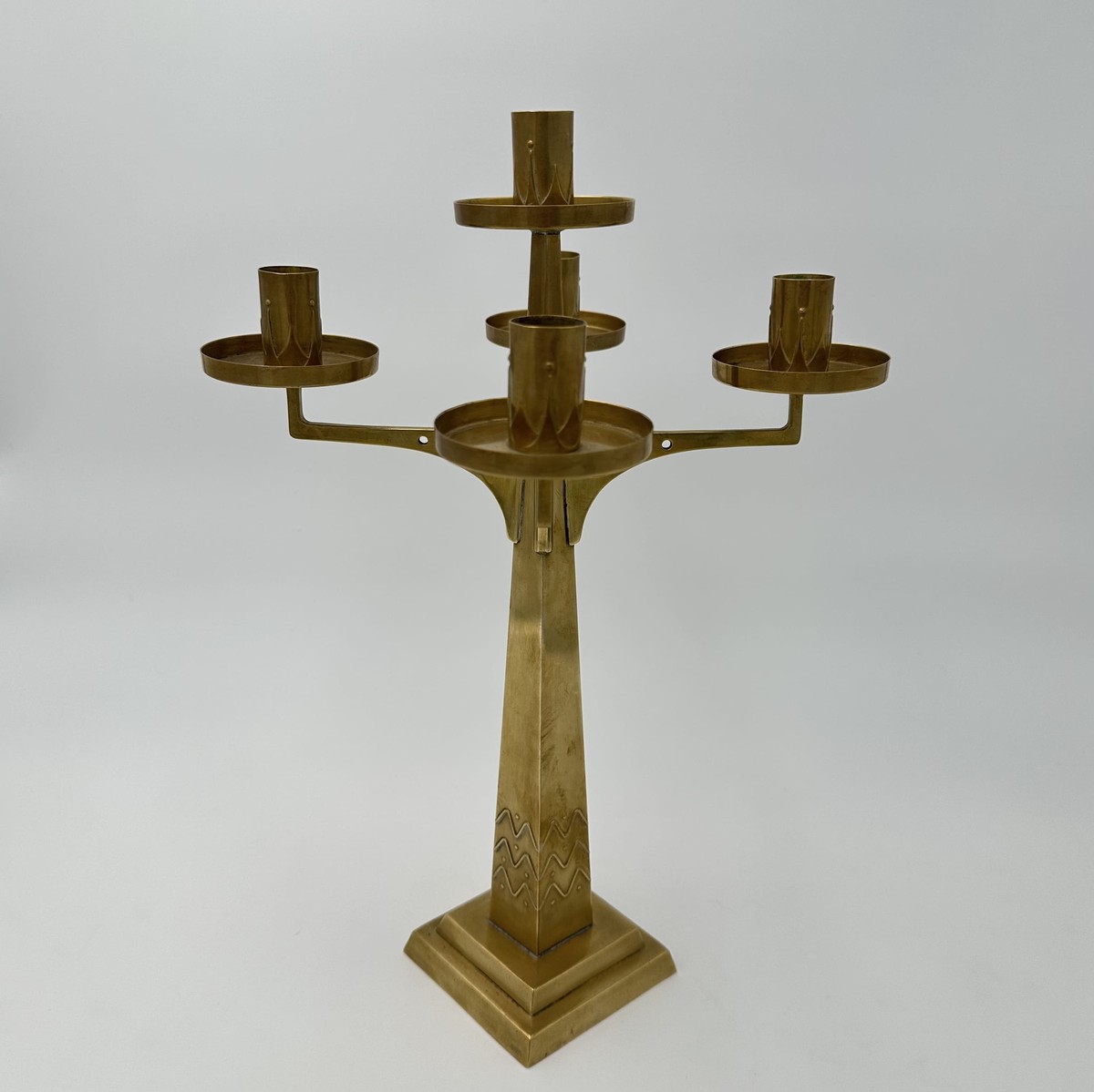 Five-light Brass Candelabrum. Jugendstil Style. With Openwork Geometric Decoration. In The Styl-photo-2