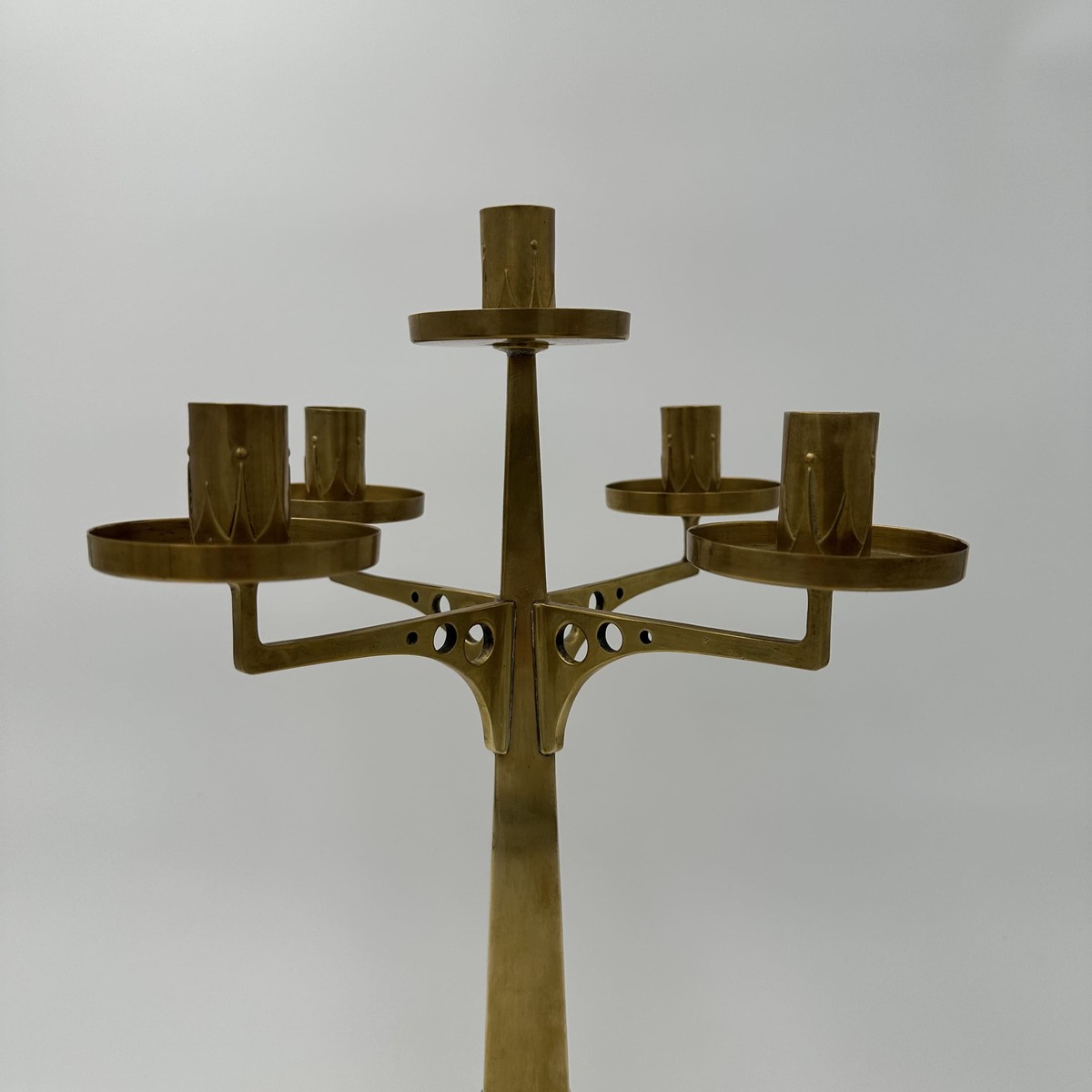 Five-light Brass Candelabrum. Jugendstil Style. With Openwork Geometric Decoration. In The Styl-photo-4