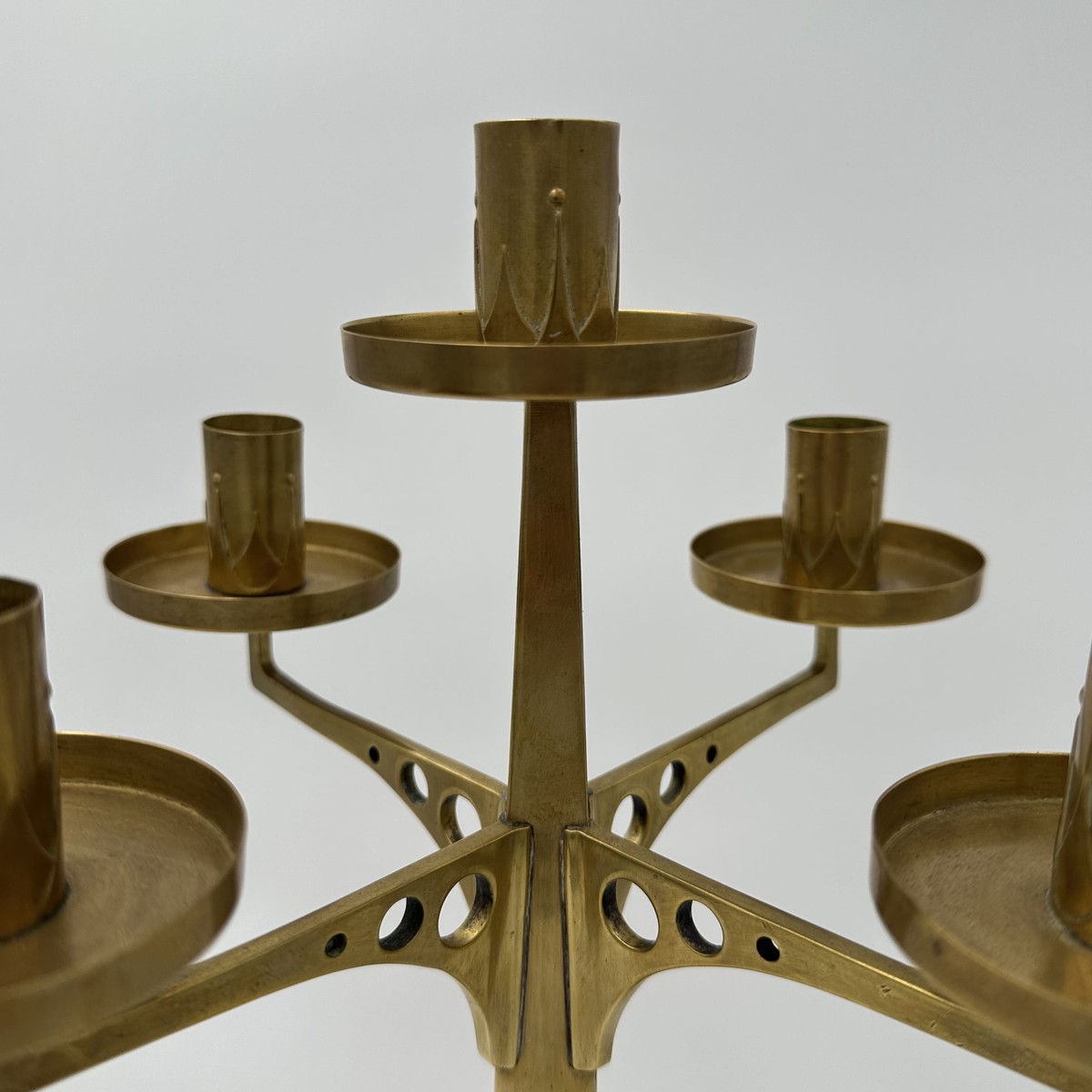 Five-light Brass Candelabrum. Jugendstil Style. With Openwork Geometric Decoration. In The Styl-photo-7