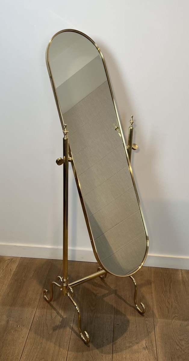 Miroir Psyché sur Pied en Laiton à Glace Ovale. Travail Français. Vers 1970-photo-4
