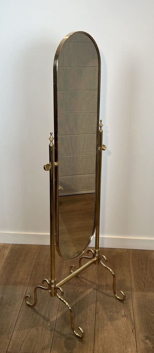 Miroir Psyché sur Pied en Laiton à Glace Ovale. Travail Français. Vers 1970-photo-8