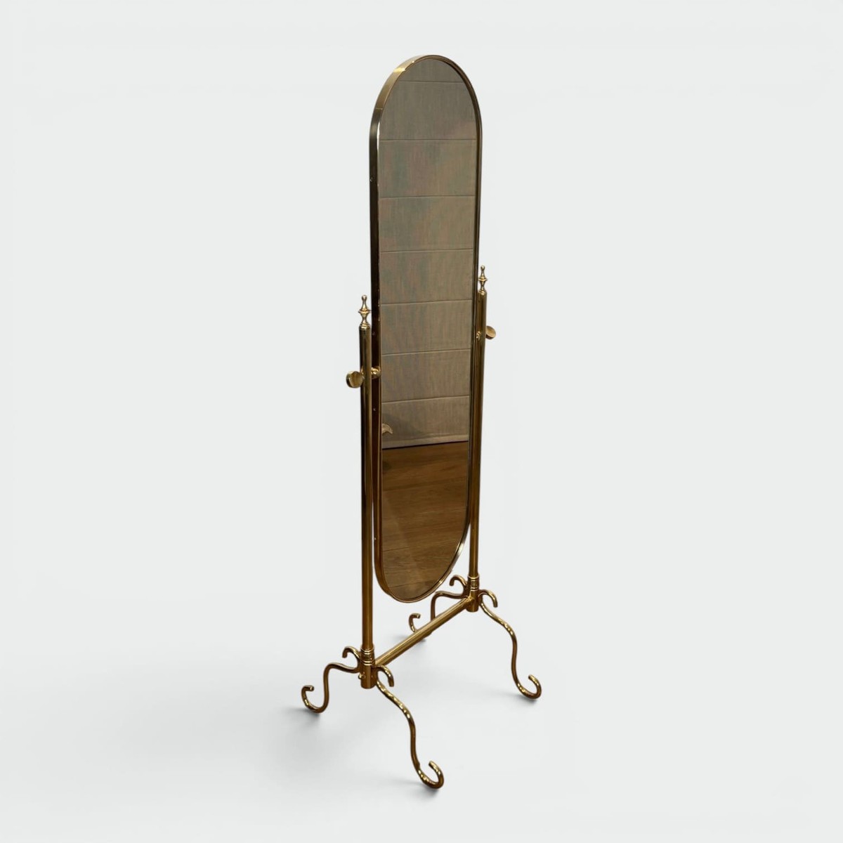Miroir Psyché sur Pied en Laiton à Glace Ovale. Travail Français. Vers 1970