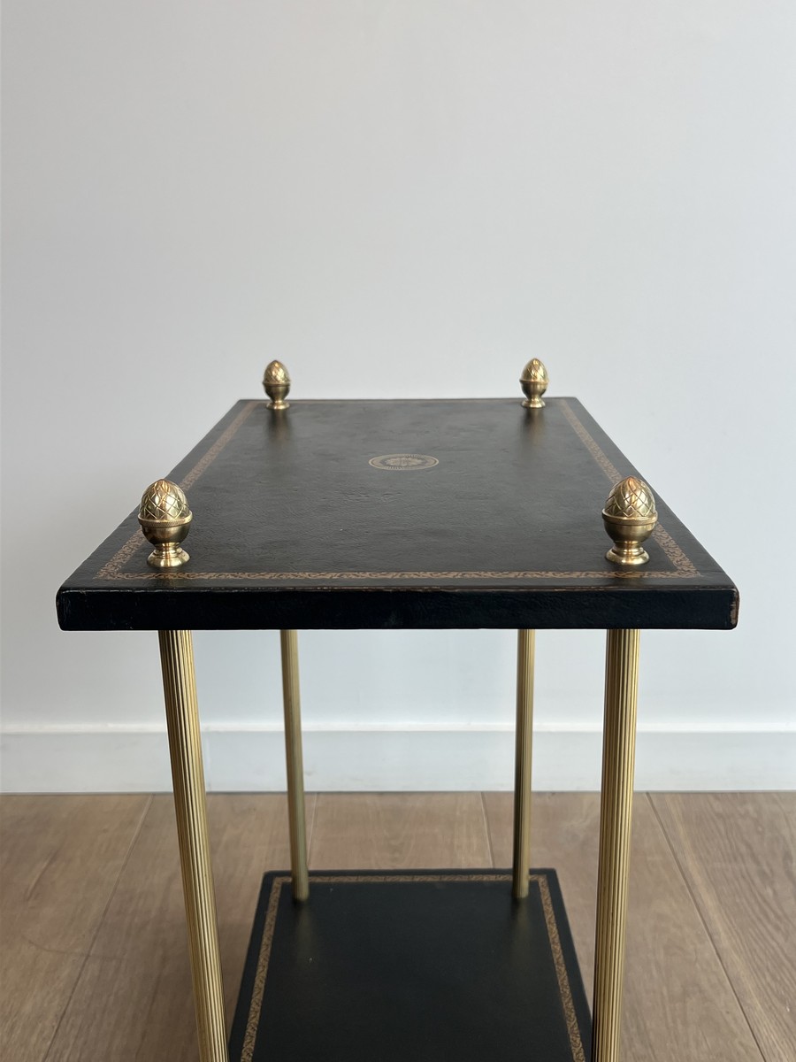 Side Table In Brass With Gilt-tooled Black Leather Tops. By Maison Baguès. Circa 1950-photo-4