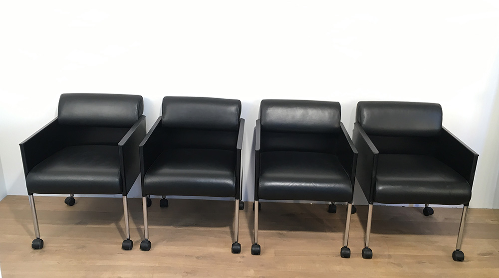 Rosenthal. Suite 4 Armchairs Leather And Metal Gloss Black. Around 1970